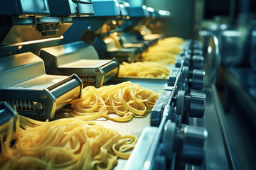 A line of pasta gracefully twirls and bends as it cooks in a bustling kitchen at a pasta factory