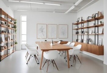 A Cozy conference room interior with minimalist furniture. Mockup frame. 3D rendering