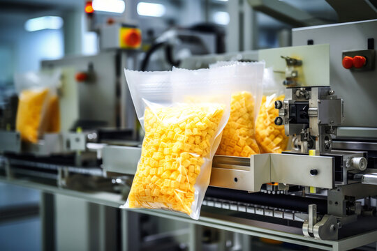 A bag of corn chips travels along a conveyor belt at a pasta factory, ready to be packaged and enjoyed by snack lovers