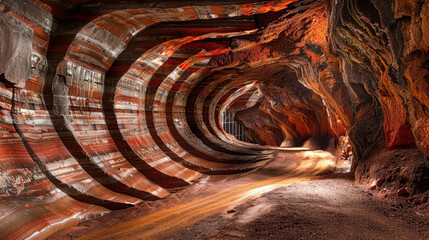 A tunnel winding through a cave painted in vibrant shades of red and orange, creating an...