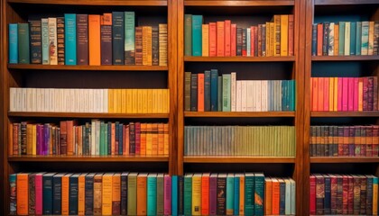 A vibrant array of books neatly organized on wooden shelves, showcasing a spectrum of colors that adds life to any bibliophile's collection.. AI Generation