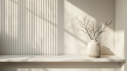 Modern interior design,wooden shelf and vase on white background with window shadow,copy space.
