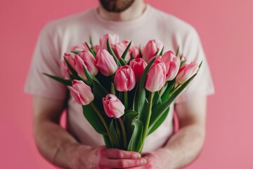 Romantic man presents a bouquet of tulips on an isolated pink background