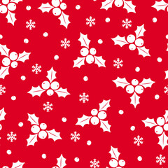 Christmas mistletoe seamless pattern. Vector holly leaf with berries red holiday background. Winter traditional texture for gift wrapping paper, seasonal festive design, textile pattern, fabric.
