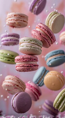 Obraz premium Colourful assortment of macarons floating against a soft pastel background in daylight. Generative AI