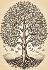 Tree of life, engraving style, sketch vintage illustration