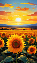 Fototapeta premium Oil painting of a beautiful sunset over big golden sunflower field.