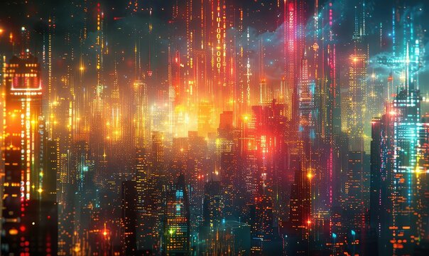 Smart city with big data sensors, glowing data streams, urban landscape, vibrant colors, high resolution,