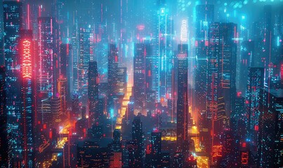 Fototapeta premium Smart city with big data sensors, glowing data streams, urban landscape, vibrant colors, high resolution,