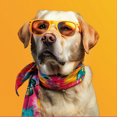 Funny dog wearing summer fashion with rubber ring on pastel background. Summer Vacation Concept