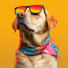 Funny dog wearing summer fashion with rubber ring on pastel background. Summer Vacation Concept