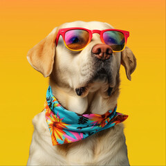 Funny dog wearing summer fashion with rubber ring on pastel background. Summer Vacation Concept