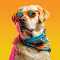 Funny dog wearing summer fashion with rubber ring on pastel background. Summer Vacation Concept