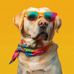 Funny dog wearing summer fashion with rubber ring on pastel background. Summer Vacation Concept