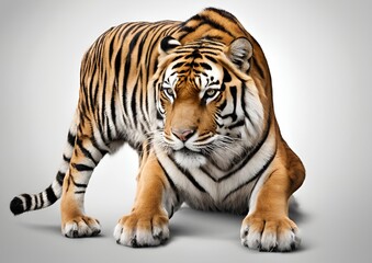 Naklejka premium Royal tiger (Panthera tigris corbetti) isolated on a white background with clipping path included. The tiger is staring at its prey, embodying the hunter concept.