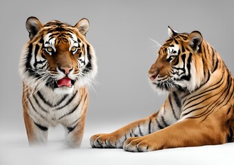 Obraz premium Royal tiger (Panthera tigris corbetti) isolated on a white background with clipping path included. The tiger is staring at its prey, embodying the hunter concept.