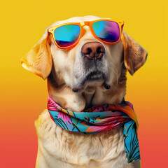 Funny dog wearing summer fashion with rubber ring on pastel background. Summer Vacation Concept