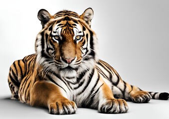 Fototapeta premium Royal tiger (Panthera tigris corbetti) isolated on a white background with clipping path included. The tiger is staring at its prey, embodying the hunter concept.