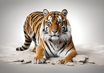 Obraz premium Royal tiger (Panthera tigris corbetti) isolated on a white background with clipping path included. The tiger is staring at its prey, embodying the hunter concept.