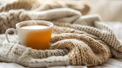 Fototapeta premium Cozy winter morning tea. Steaming cup of tea nestled in cozy knitted blanket, perfect for cold winter mornings.