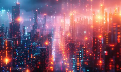 Obraz premium Urban cityscape with 5G towers, glowing data streams, vibrant colors, futuristic design, high resolution,