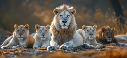 Majestic White Lion Presiding Over a Pride of Grey Lions in the African Savanna
