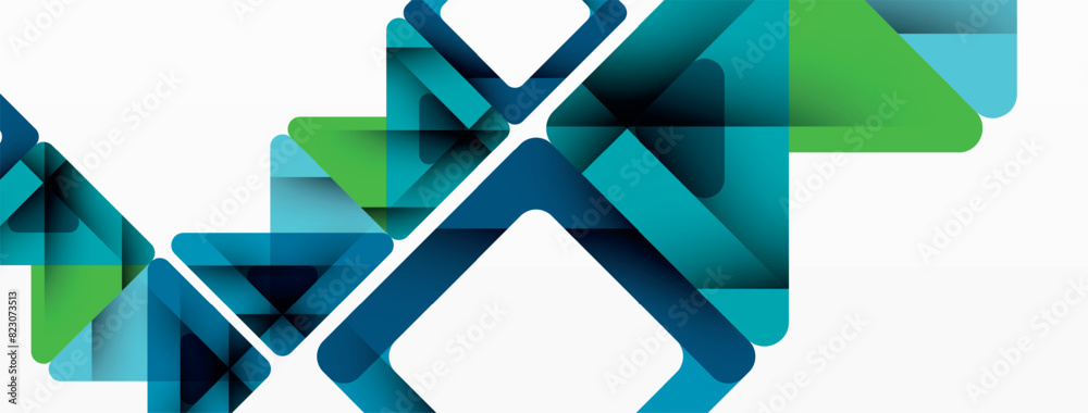 Poster the white background features a geometric pattern in shades of blue and green, including rectangles 