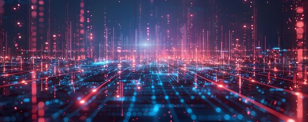 Fototapeta premium Glowing Data Streams Connecting Futuristic High Rise Buildings in Visualization of Vibrant Tech City Network