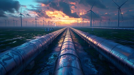 Hydrogen Pipeline Amid Renewable Wind Farm Under Dramatic Stormy Skies Showcasing Energy Transition