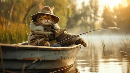 Obraz premium A cat dressed in a fishing outfit sits in a boat, holding a fishing rod on a tranquil lake during a misty sunrise.