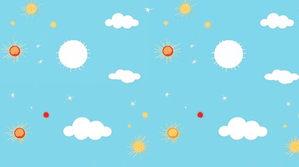 A cheerful cartoon illustration of a sunny sky with clouds and suns scattered across a blue backdrop.