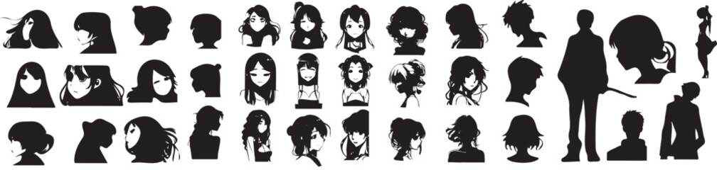 vector black and white face silhouette of Japanese anime