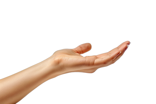 Beautiful woman hand holding blank space isolated on white background