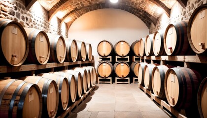Rows of aged wooden wine barrels line the arched stone cellar, casting warm tones and shadows, evoking the timeless tradition of wine aging.. AI Generation
