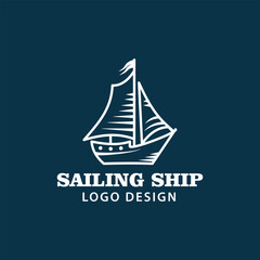 Sailing Boat Ship Silhouette Vintage Retro Emblem Logo Design
