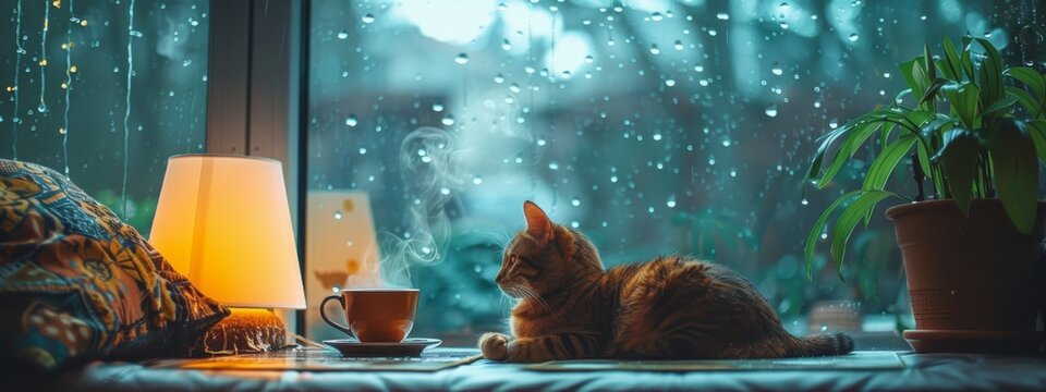 A cozy living room with a steaming cup of tea on a table and a cat curled up by the window watching the raindrops fall.