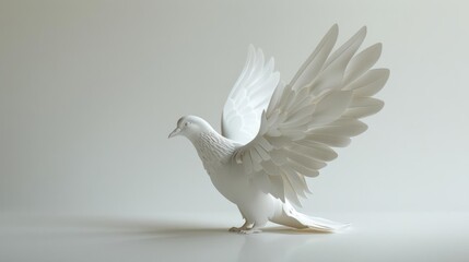 Fototapeta premium Holy Spirit symbolized by a flying dove, gracefully depicted on a white background Isolated image with copy space, representing purity and peace