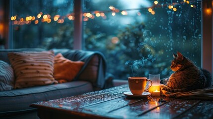 A cozy living room with a steaming cup of tea on a table and a cat curled up by the window watching the raindrops fall.