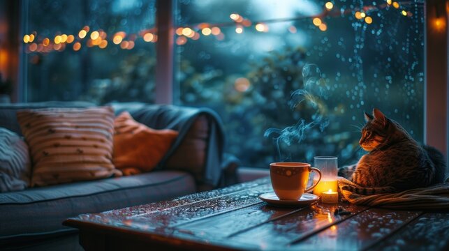 A cozy living room with a steaming cup of tea on a table and a cat curled up by the window watching the raindrops fall.