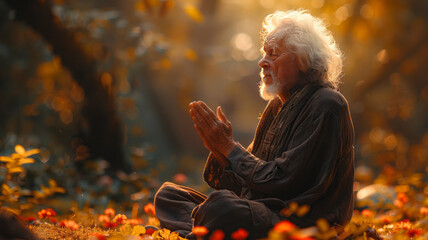 old white man praying with his hands close to the face in nature on the background,generative ai