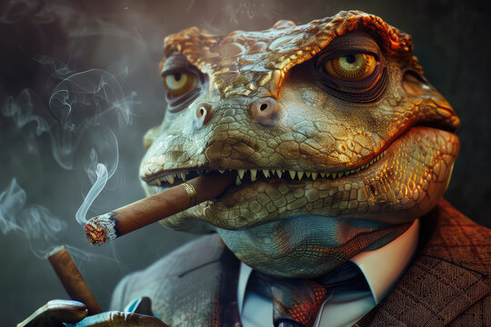 Serious angry boss geko in a suit with a cigar in his mouth. Illustration Copy space