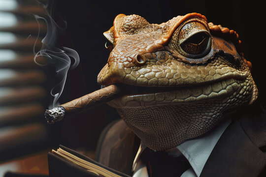 Serious angry boss geko in a suit with a cigar in his mouth. Illustration Copy space