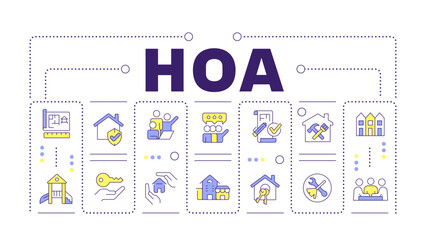 HOA word concept isolated on white. Public safety. Association housing, meeting presentation. Creative illustration banner surrounded by editable line colorful icons. Hubot Sans font used