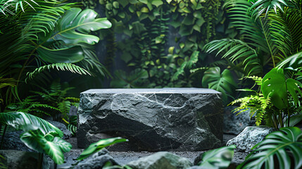 Elegant stone podium set in a tropical forest, great for showcasing luxury products