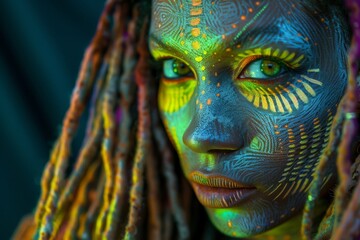 A striking close-up portrait of a woman with unique handprint markings on her face. The intricate design, reminiscent of tribal patterns, frames her mesmerizing yellowish-green eyes with neon-colored 