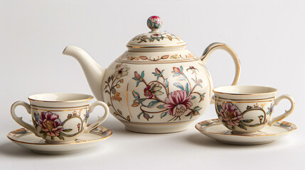 Floral tea set on white background. Elegant floral tea set with teapot and two cups and saucers, isolated on a white background. Perfect for tea parties and elegant dining.