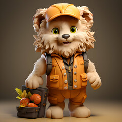 Puppy in orange jacket and cap with a bag of food