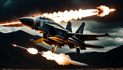 A military jet in combat training releases flares above mountainous terrain at dusk.. AI Generation