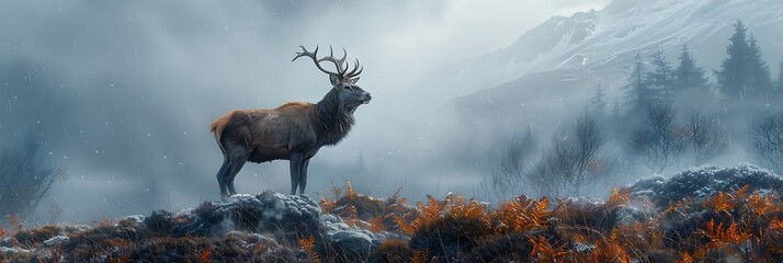Amidst rugged terrain of the Scottish Highlands a solitary stag surveys his kingdom from atop a mistcovered hill