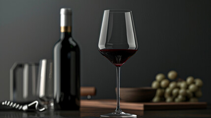 Fototapeta premium Elegant glass of red wine and bottle. A sophisticated image of a glass of red wine with a bottle in the background, perfect for wine-related content.